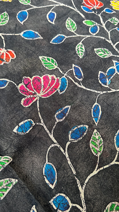 Pure Chanderi Cotton Silk Saree – Digital Batik Floral Print with Zari Border
