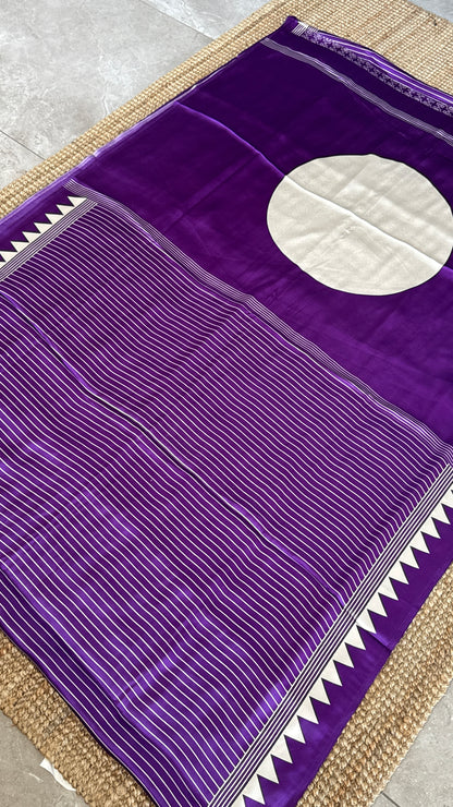 Purple Modal Satin Saree with Temple Printed Border & Circle Design Pallu