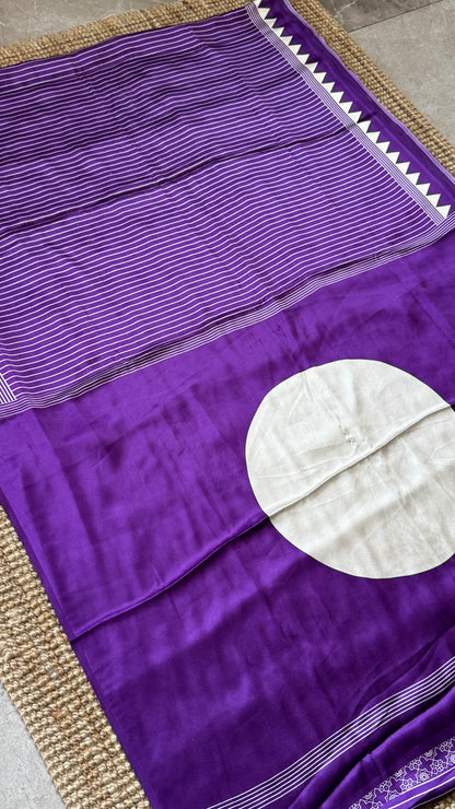 Purple Modal Satin Saree with Temple Printed Border & Circle Design Pallu