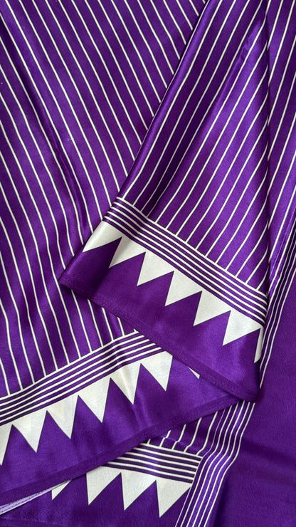 Purple Modal Satin Saree with Temple Printed Border & Circle Design Pallu