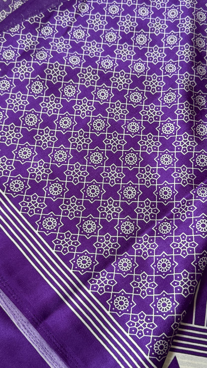 Purple Modal Satin Saree with Temple Printed Border & Circle Design Pallu