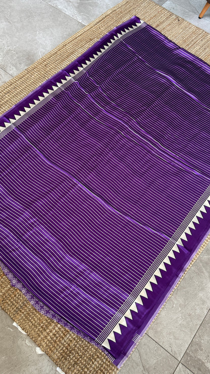 Purple Modal Satin Saree with Temple Printed Border & Circle Design Pallu