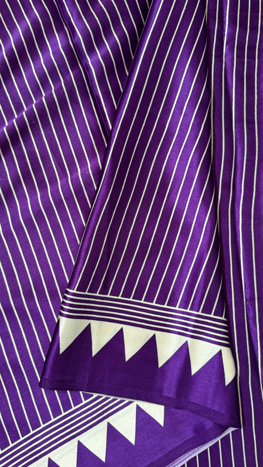 Purple Modal Satin Saree with Temple Printed Border & Circle Design Pallu