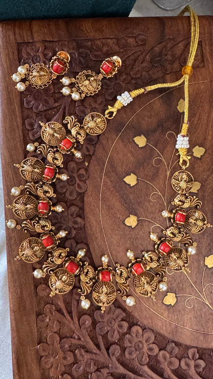 Antique Neckpiece with Earrings - Coral