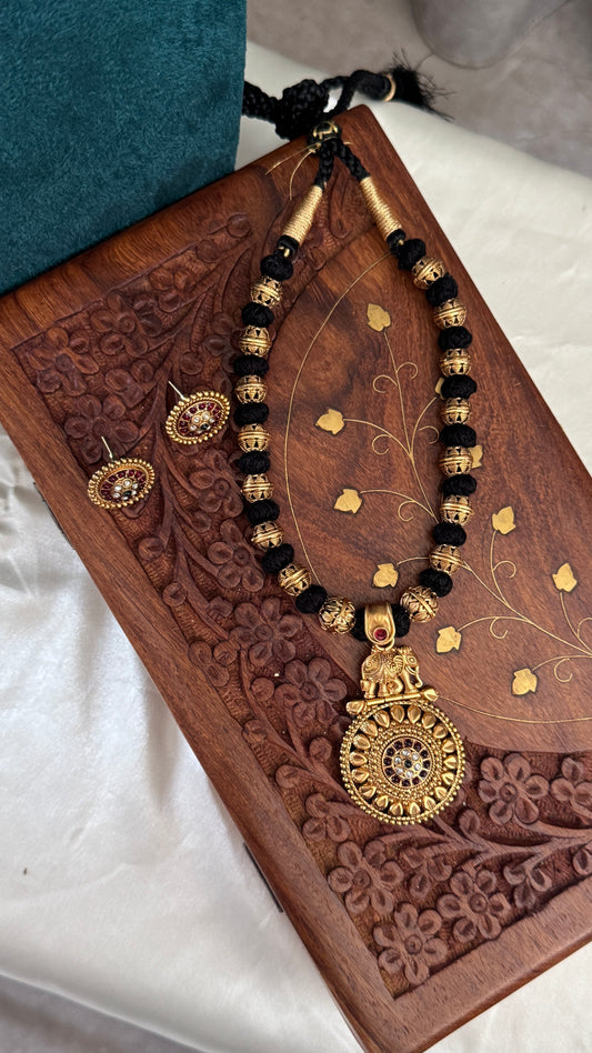 Elephant Black Bead Thread Necklace