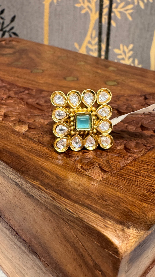Antique Gold Plated White Kundan and Mint Green Stone Finger Ring