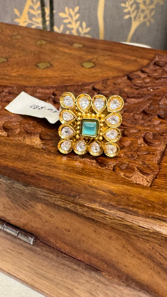 Antique Gold Plated White Kundan and Mint Green Stone Finger Ring