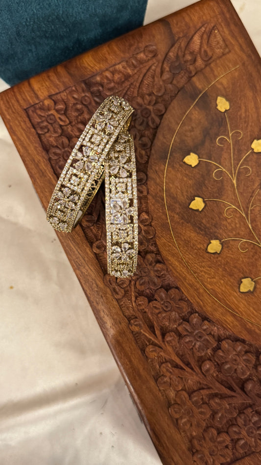 Antique gold plated Victorian Stone Bangle Set - White Stones