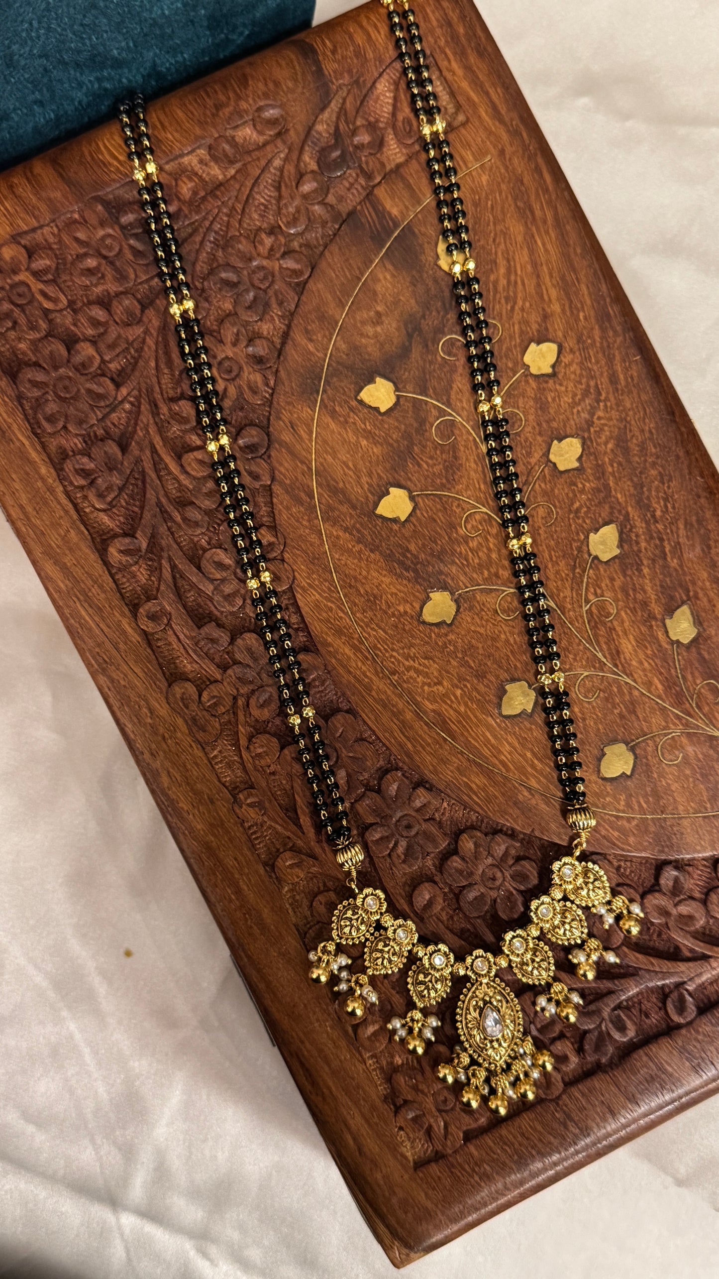 Long Mangalsutra with Gold Pendant – Traditional Black Bead Necklace