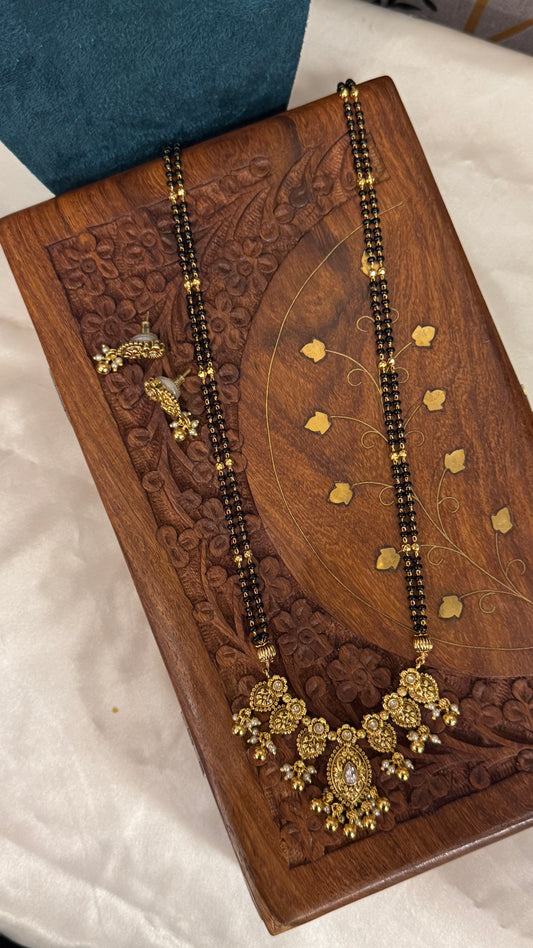 Long Mangalsutra with Gold Pendant – Traditional Black Bead Necklace