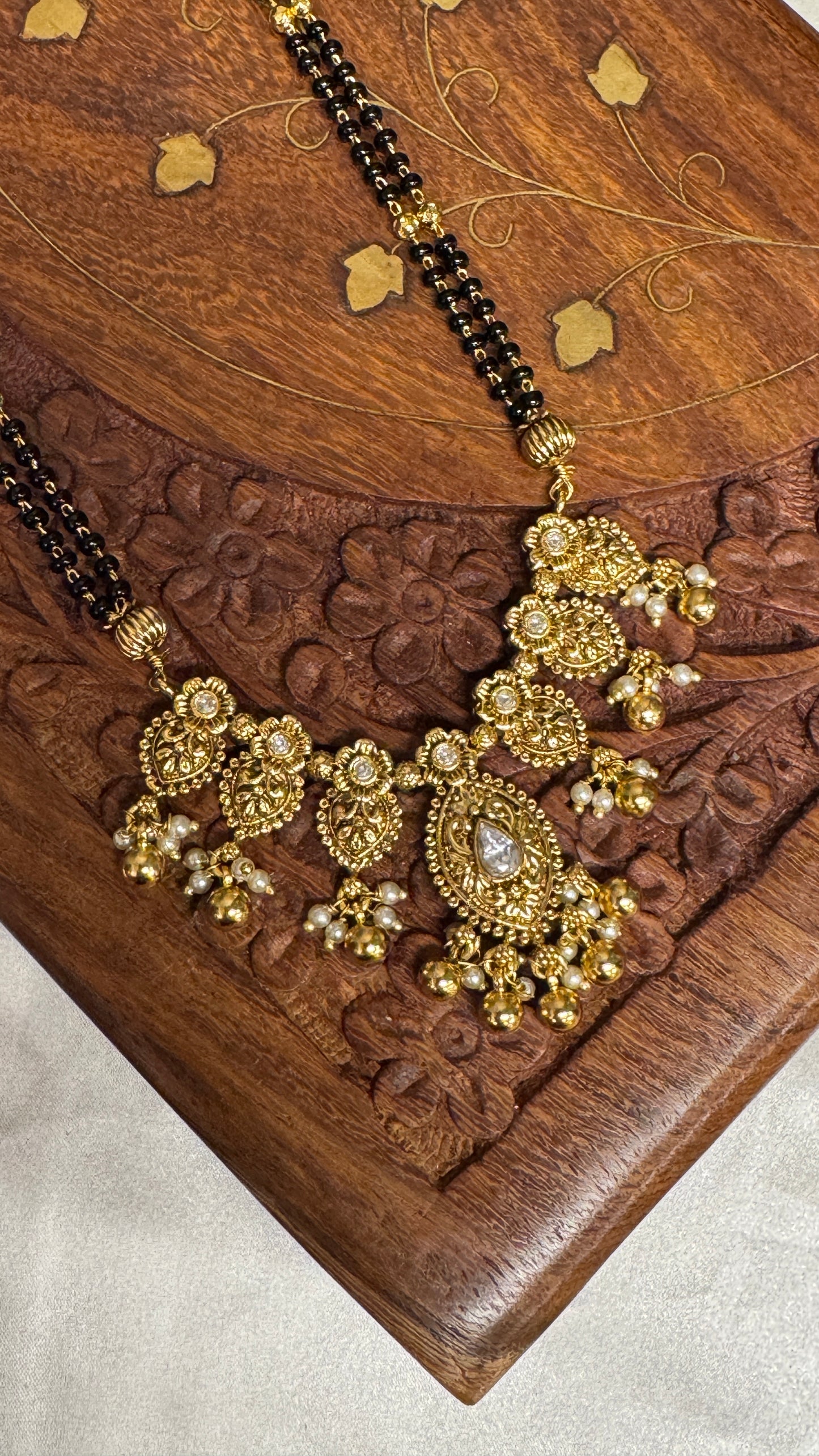 Long Mangalsutra with Gold Pendant – Traditional Black Bead Necklace