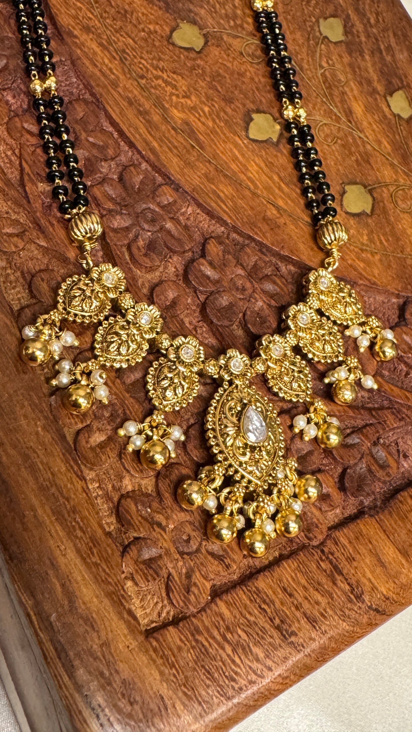 Long Mangalsutra with Gold Pendant – Traditional Black Bead Necklace
