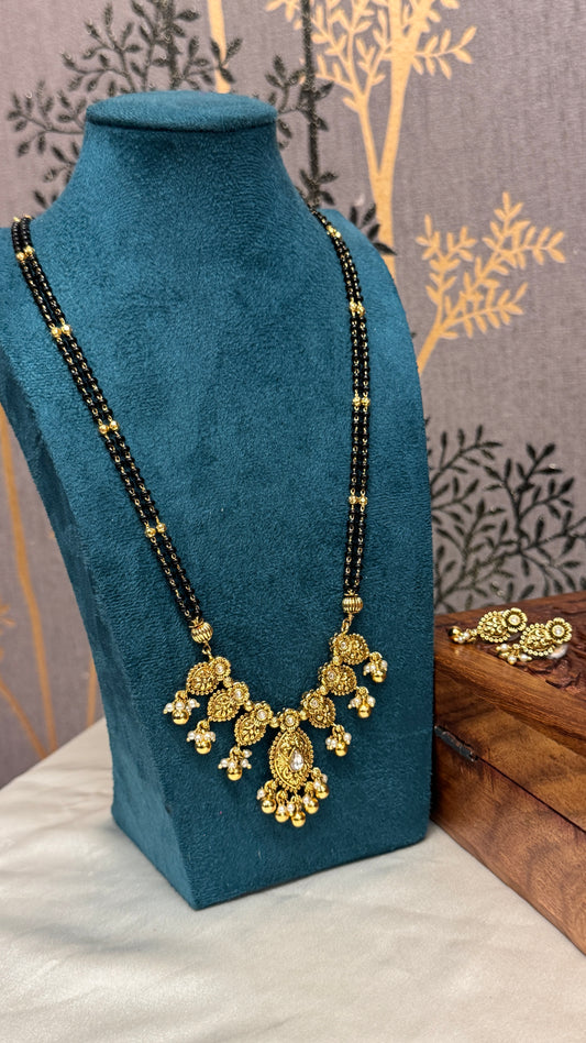 Long Mangalsutra with Gold Pendant – Traditional Black Bead Necklace