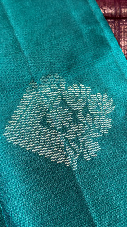 Pure Handloom Soft Silk Saree – Rama Blue with Maroon Pallu