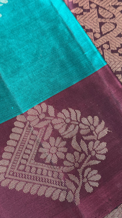 Pure Handloom Soft Silk Saree – Rama Blue with Maroon Pallu
