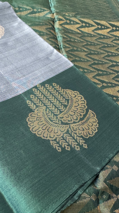 Pure Handloom Soft Silk Saree – Grey and Bottle Green