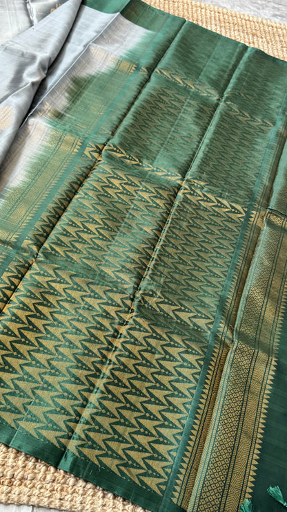 Pure Handloom Soft Silk Saree – Grey and Bottle Green
