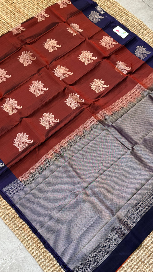 Pure Handloom Soft Silk Saree – Rust with Dark Purple