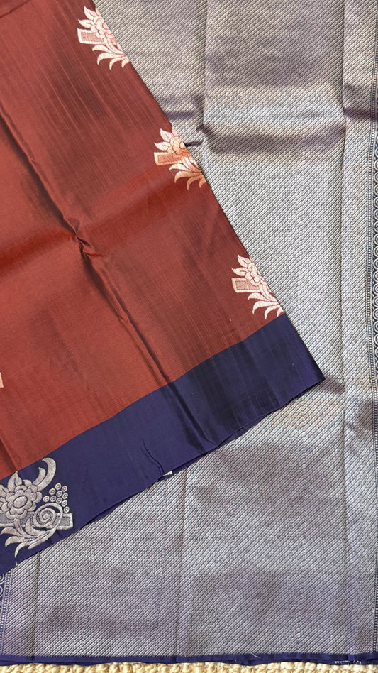 Pure Handloom Soft Silk Saree – Rust with Dark Purple