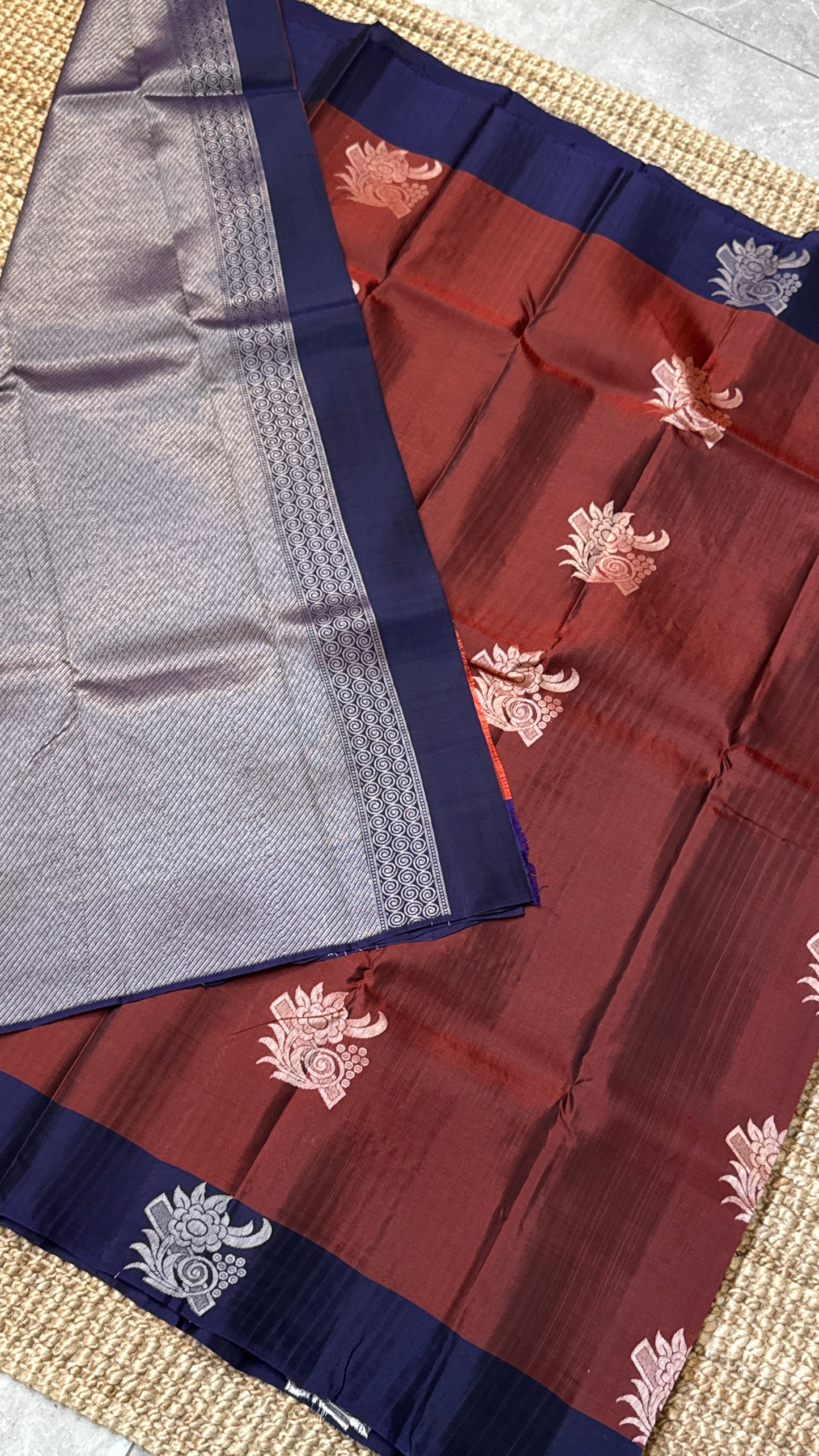 Pure Handloom Soft Silk Saree – Rust with Dark Purple