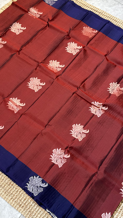 Pure Handloom Soft Silk Saree – Rust with Dark Purple