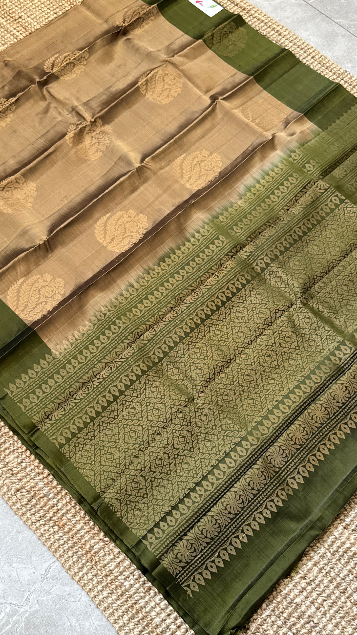 Pure Handloom Soft Silk Saree – Champagne color with Olive green