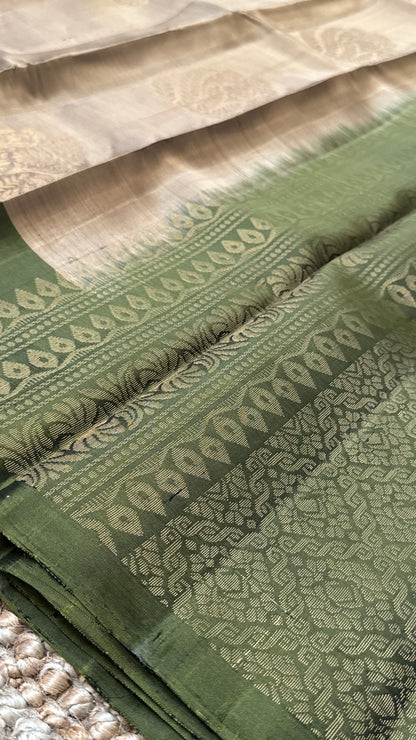 Pure Handloom Soft Silk Saree – Champagne color with Olive green