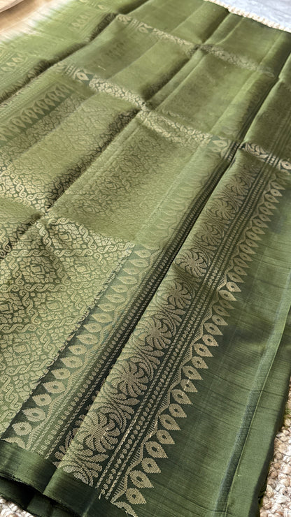 Pure Handloom Soft Silk Saree – Champagne color with Olive green