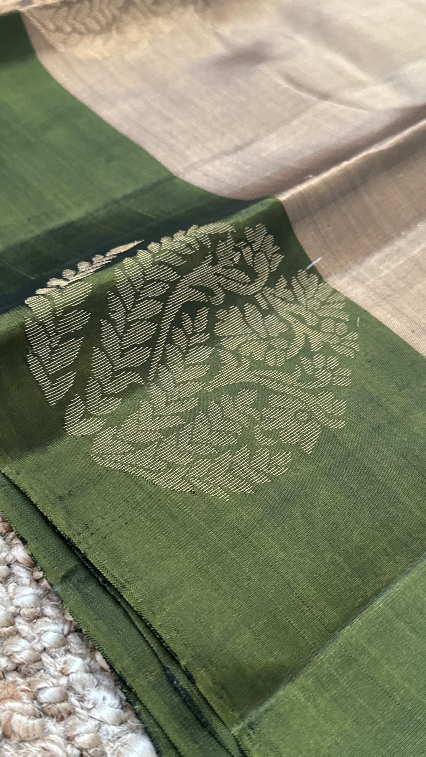 Pure Handloom Soft Silk Saree – Champagne color with Olive green