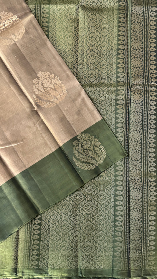 Pure Handloom Soft Silk Saree – Champagne color with Olive green