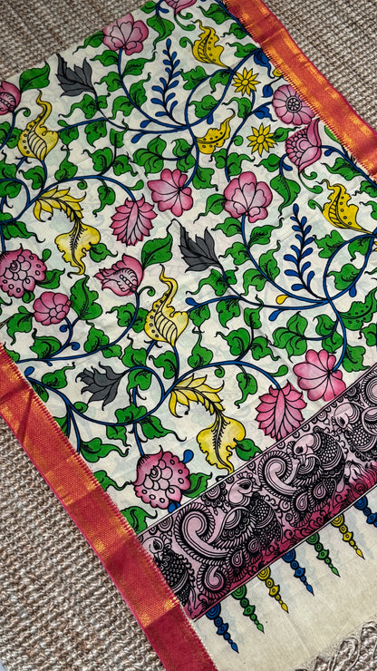 Hand-Painted Kalamkari Bangalore Silk Dupatta/Scarf