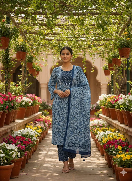 Pure Cotton Salwar Suit - Full Set - Denim Light Blue