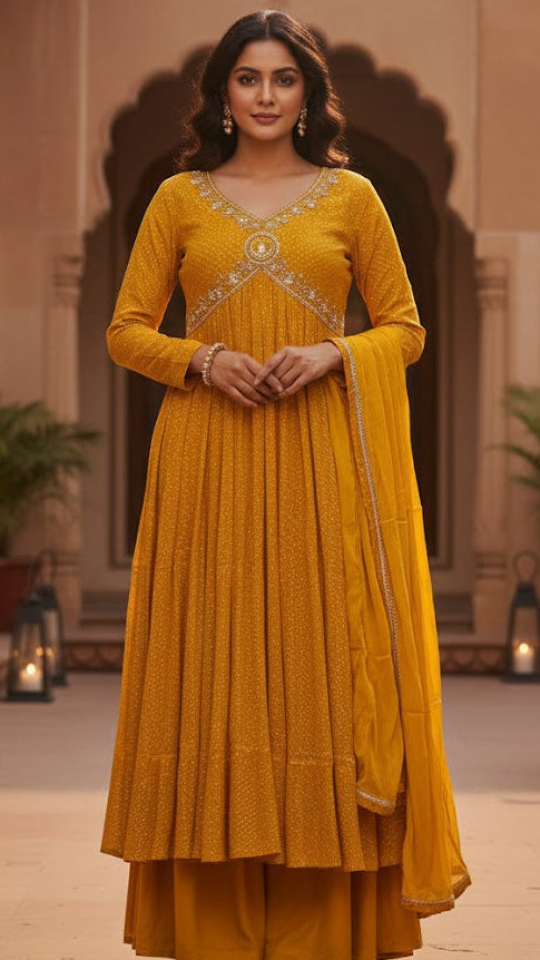 Hand-Worked Mustard Anarkali Salwar Suit – Pure Chinon Crepe
