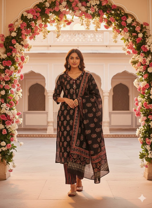 Pure Cotton Salwar Suit - Full Set - Black
