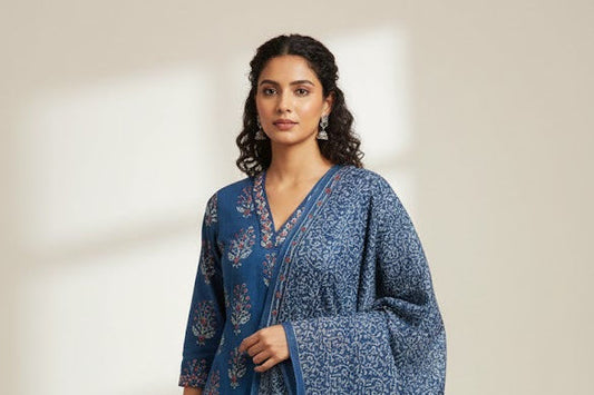 Pure Cotton Salwar Suit - Full Set - Denim Blue