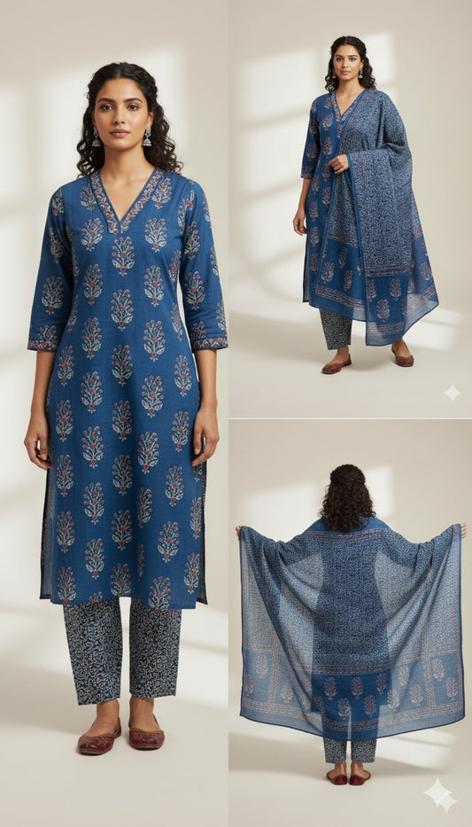 Pure Cotton Salwar Suit - Full Set - Denim Blue