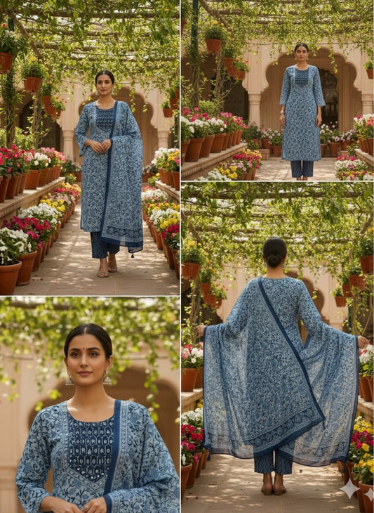 Pure Cotton Salwar Suit - Full Set - Denim Light Blue