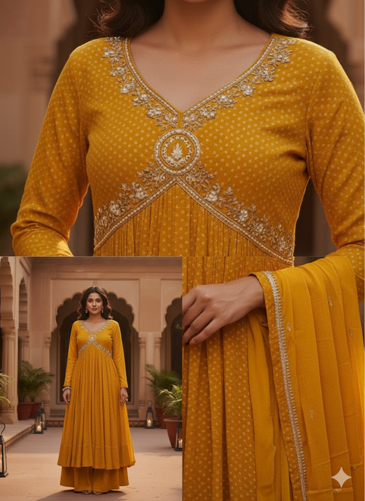 Hand-Worked Mustard Anarkali Salwar Suit – Pure Chinon Crepe