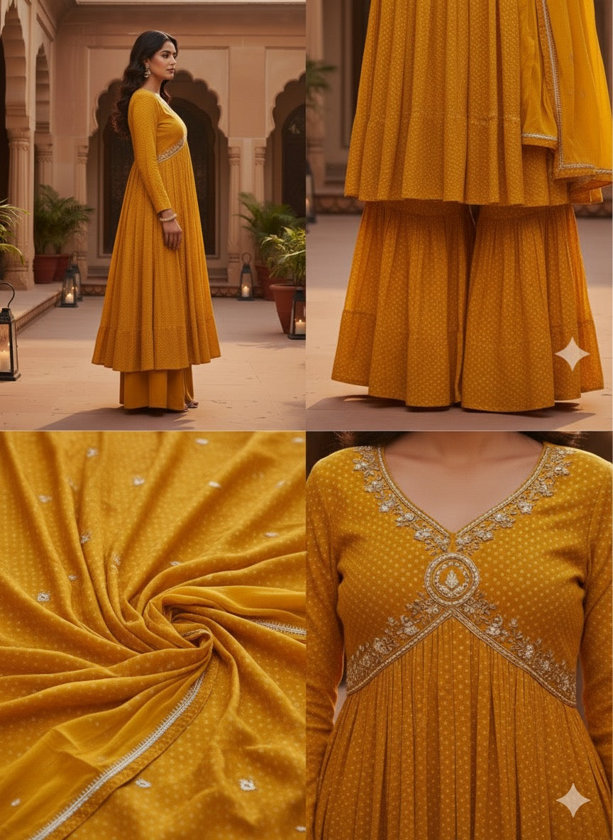 Hand-Worked Mustard Anarkali Salwar Suit – Pure Chinon Crepe
