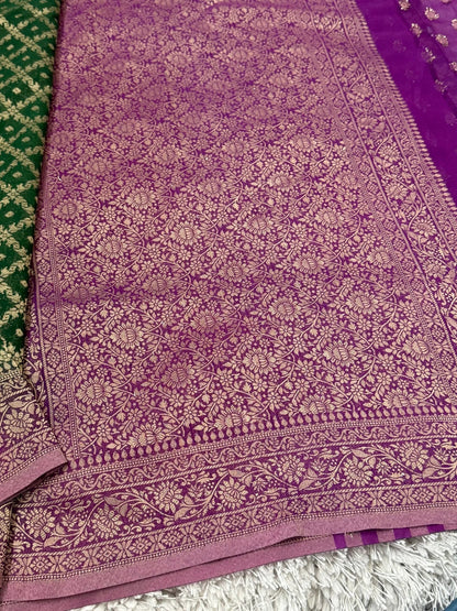 Pure Georgette Silk Banarasi Saree – Green and Magenta