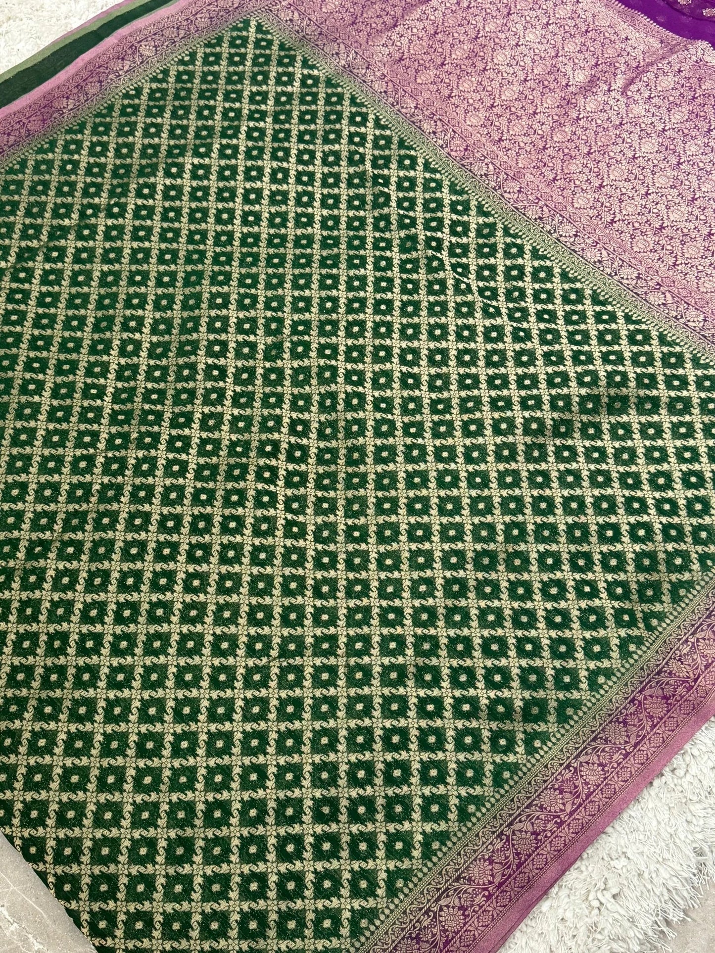 Pure Georgette Silk Banarasi Saree – Green and Magenta