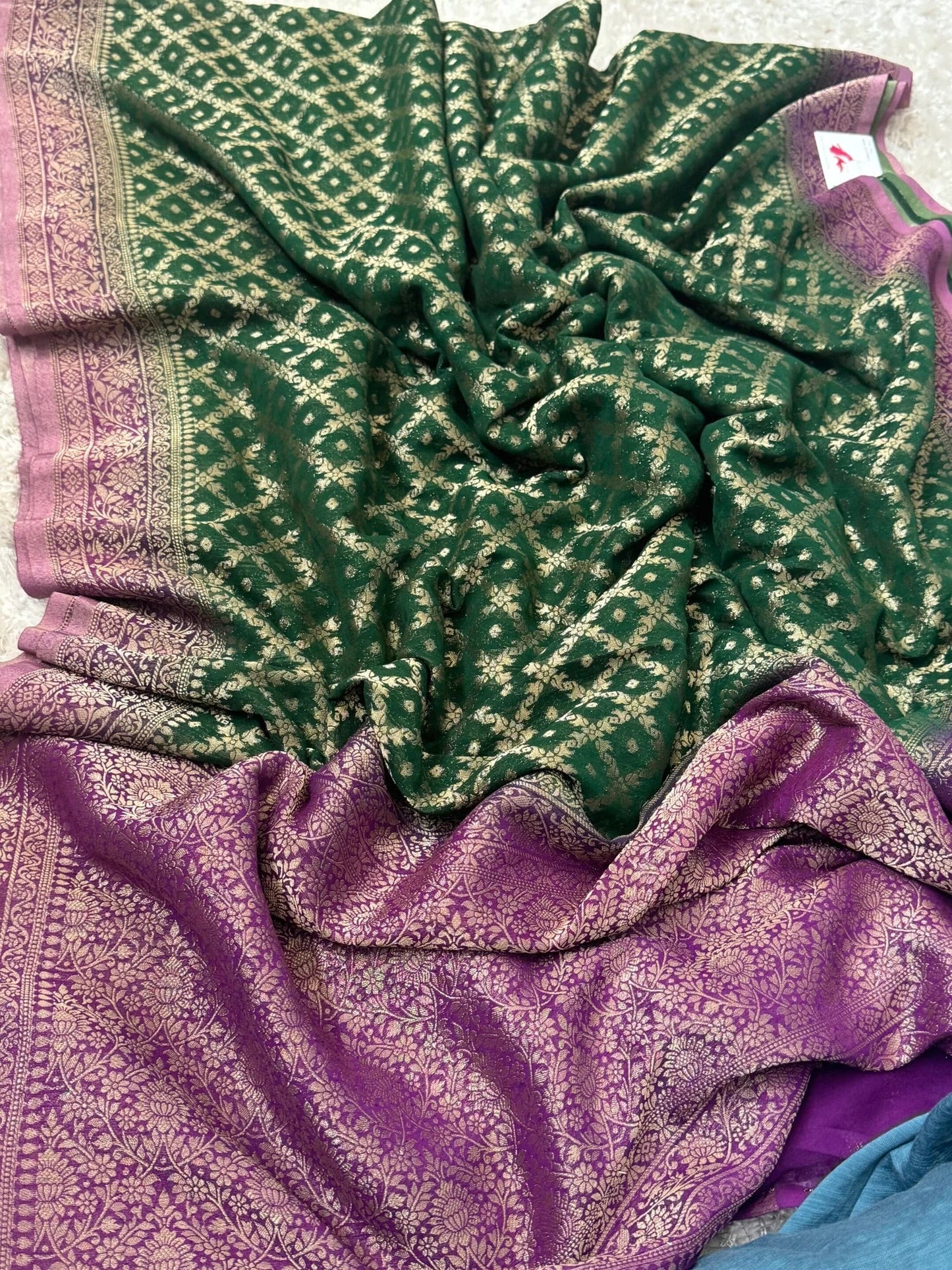 Pure Georgette Silk Banarasi Saree – Green and Magenta