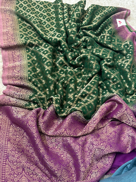Pure Georgette Silk Banarasi Saree – Green and Magenta