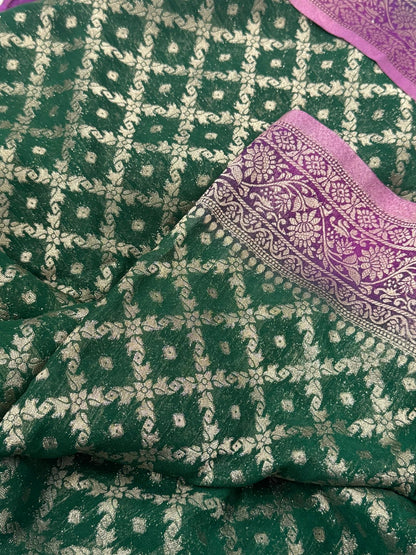 Pure Georgette Silk Banarasi Saree – Green and Magenta