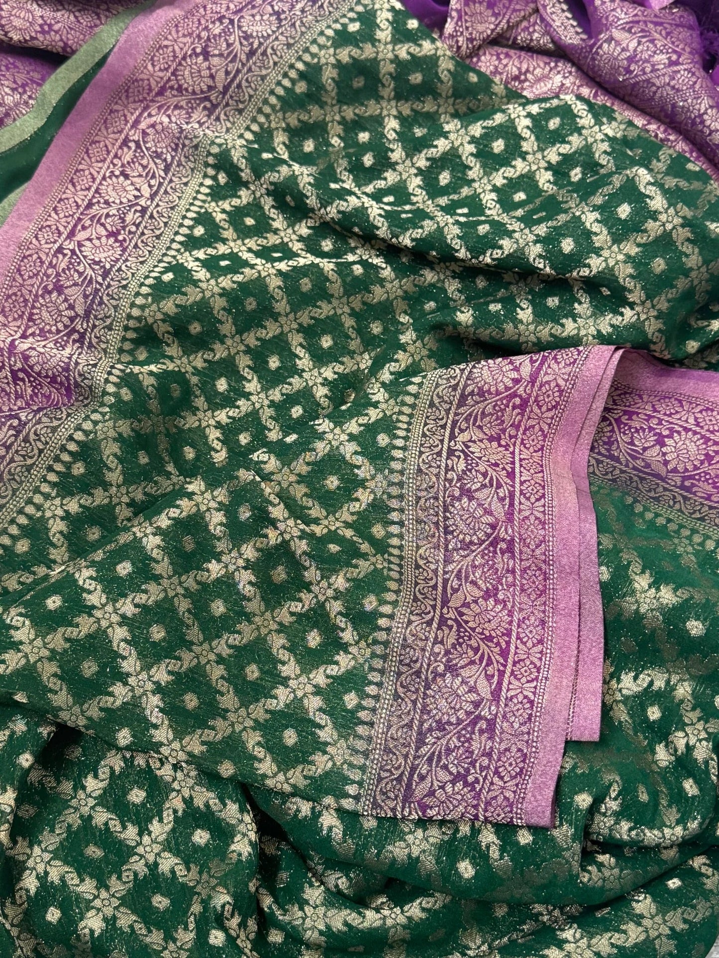 Pure Georgette Silk Banarasi Saree – Green and Magenta