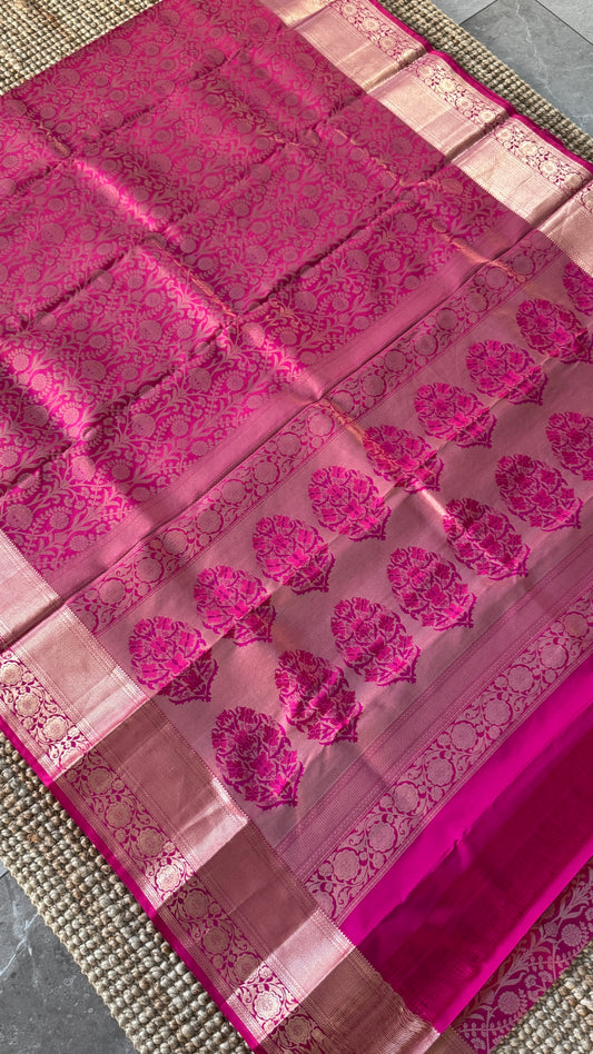 Pure Kanchivaram Silk Saree – Exquisite Pink with Gold Zari Brocade Weaving