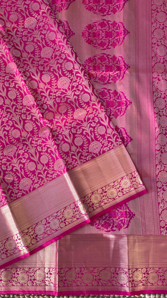 Pure Kanchivaram Silk Saree – Exquisite Pink with Gold Zari Brocade Weaving