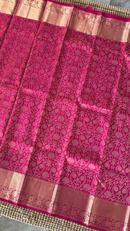 Pure Kanchivaram Silk Saree – Exquisite Pink with Gold Zari Brocade Weaving