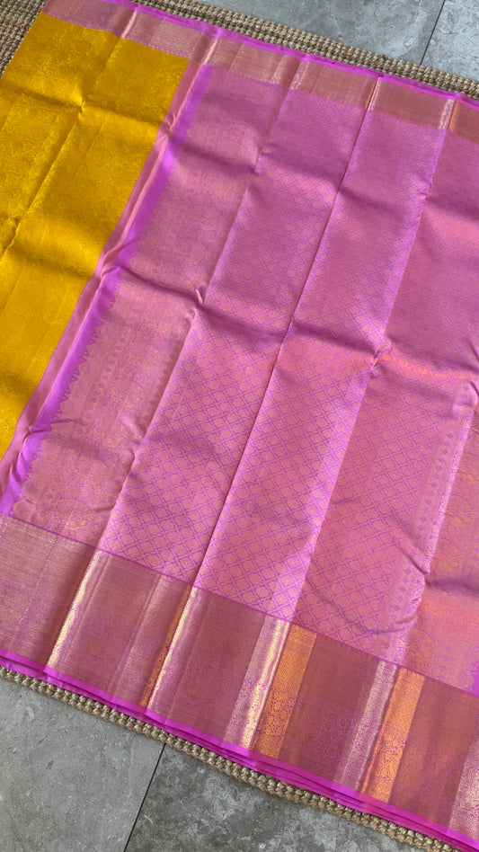 Pure Kanchivaram Silk Saree – Pure Kanchivaram Silk Saree – Exquisite Yellow with Pink Zari Border - Fully Brocade Weaving