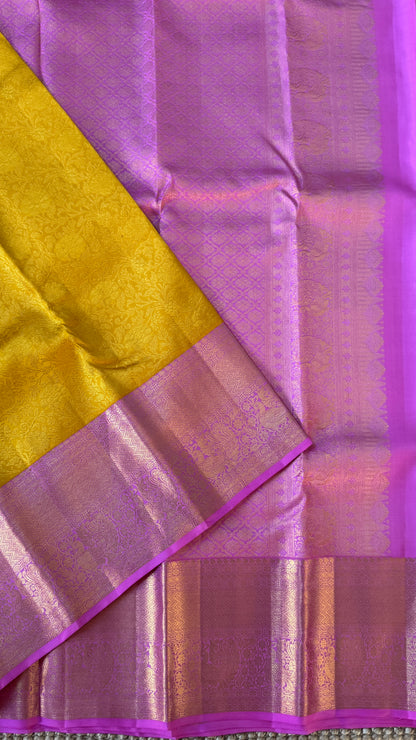 Pure Kanchivaram Silk Saree – Pure Kanchivaram Silk Saree – Exquisite Yellow with Pink Zari Border - Fully Brocade Weaving